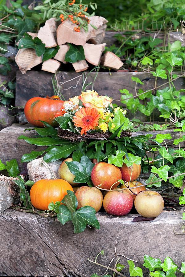 Fall Photograph - Apples, Pumpkins And Firewood On Garden Steps by Atelier Hmmerle