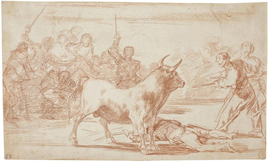 Bull Painting - Approaching the bull with lances, scimitars, banderillas and oth... by Francisco de Goya -1746-1828-