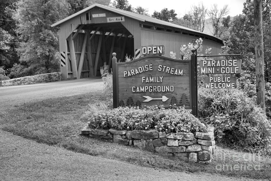 Approaching The Cisna Mill Covered Bridge Black And White Photograph by Adam Jewell