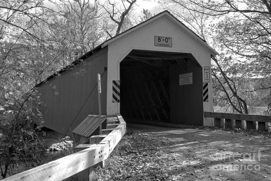 Approaching The Eagleville Covered Bridge Black And White Photograph by Adam Jewell