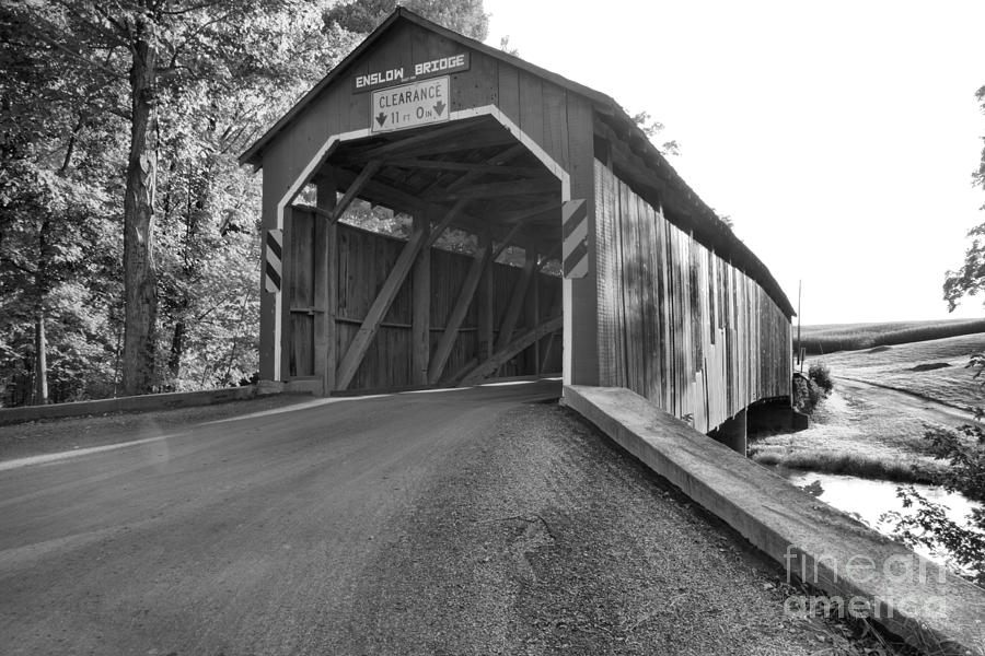Approaching The Enslow Covered Bridge Black And White Photograph by Adam Jewell