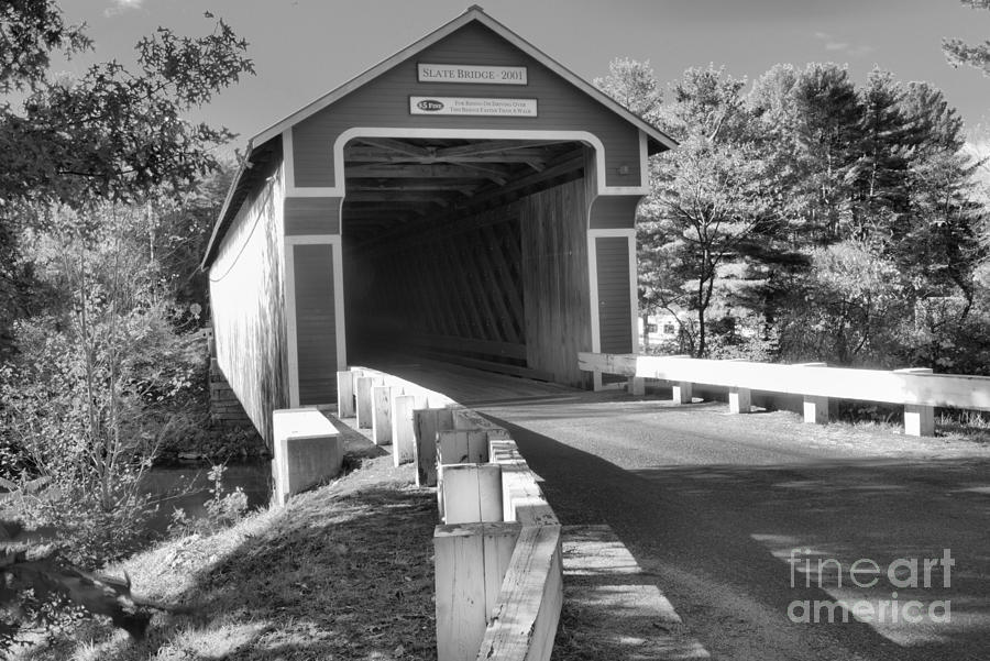 Approaching The Slate Covered Bridge Black And White Photograph by Adam Jewell
