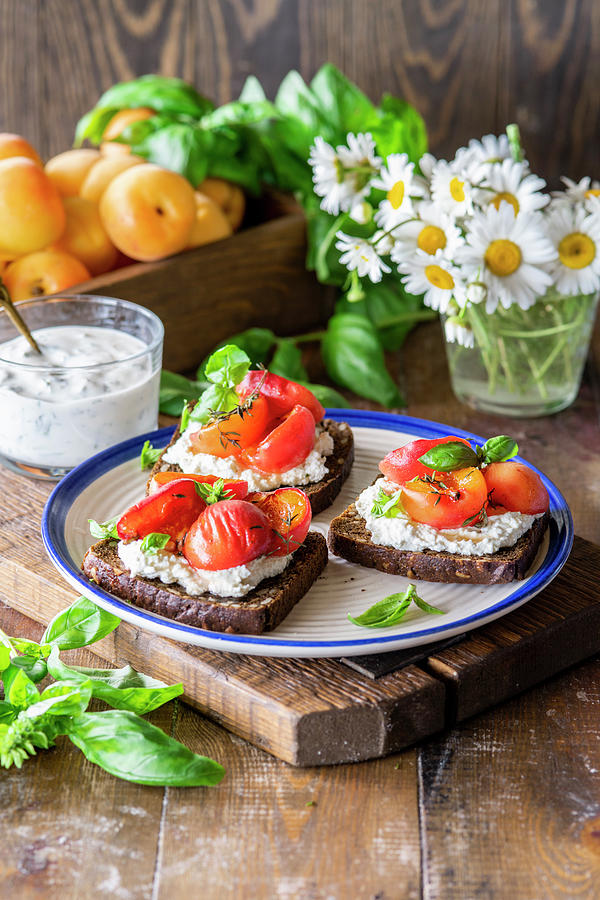 Apricot Bruschettas With Cottage Cheese And Thyme Photograph by Irina Meliukh