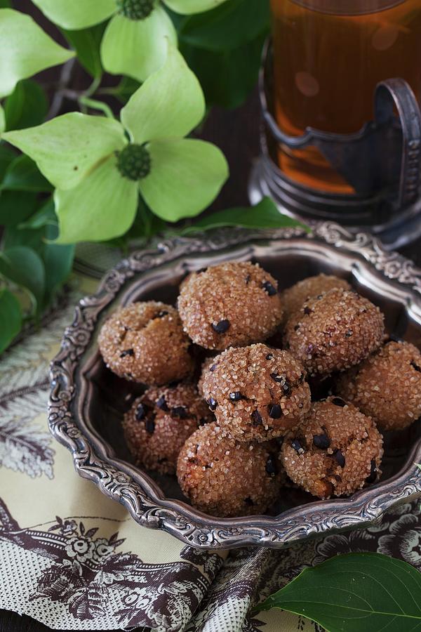 Apricot Ginger Bites With Cocoa Nibs And Tea Photograph by Yelena Strokin