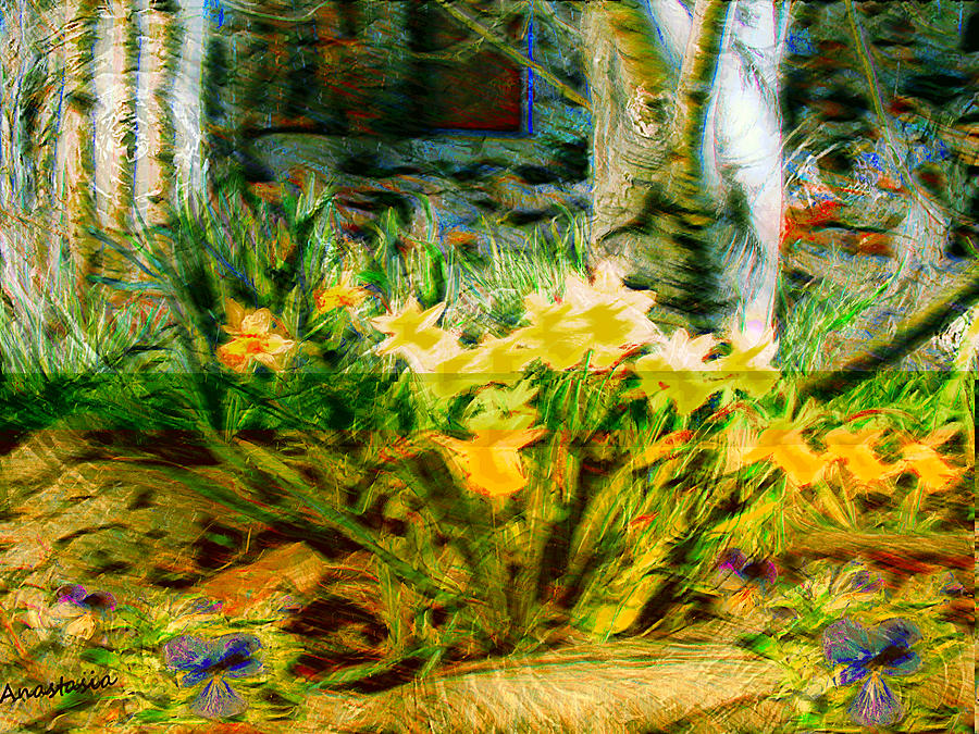 April Aspens Narcissus and Violas Mixed Media by Anastasia Savage Ealy
