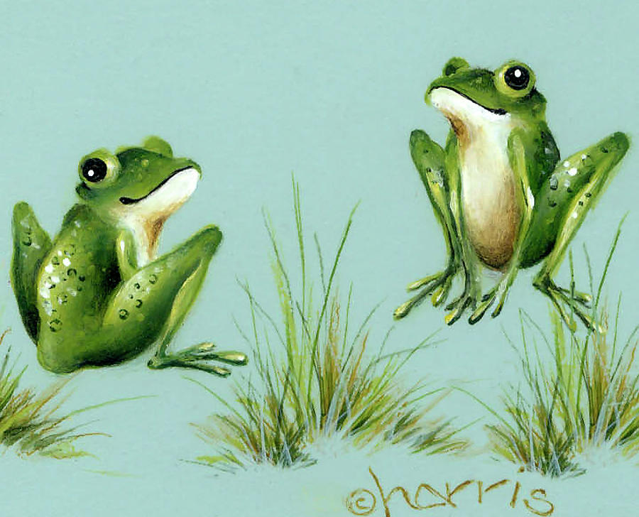 April Showers - Frogs With Grass Painting by Peggy Harris
