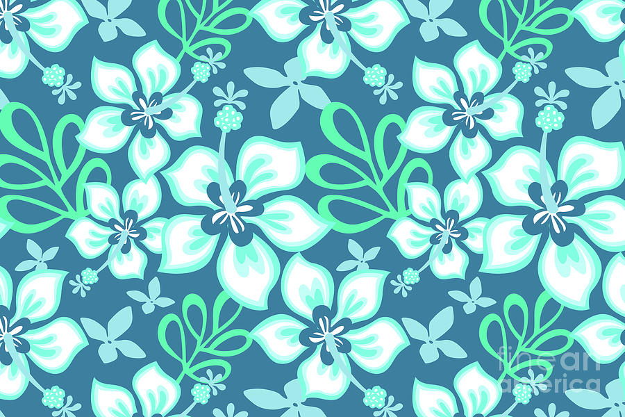 Aqua and White Hawaiian Hibiscus Flower Bloom Pattern on Blue Digital Art by PIPA Fine Art - Simply Solid