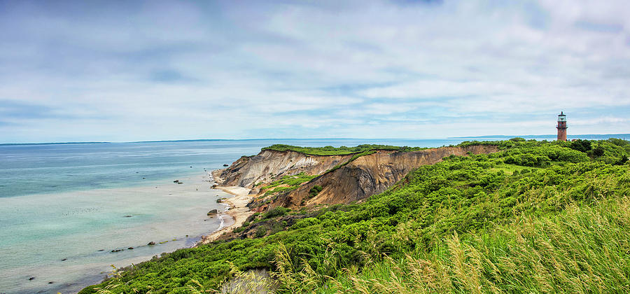 Beach Photograph - Aquinnah Cliffs and Gay Head Lighthouse Panorama by Brendan Reals