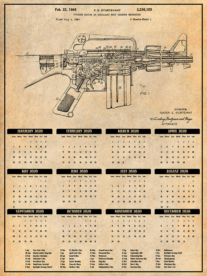 Ar15 M16 Assault Rifle Calendar Patent Print Antique Paper Drawing By Greg Edwards