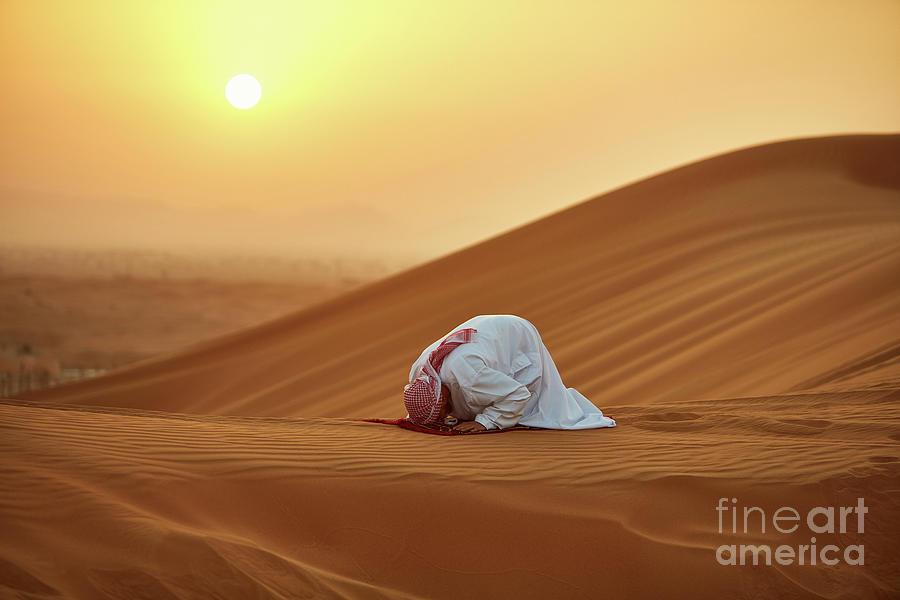 Arab Man Praying On Carpet In Desert Photograph by Xavierarnau