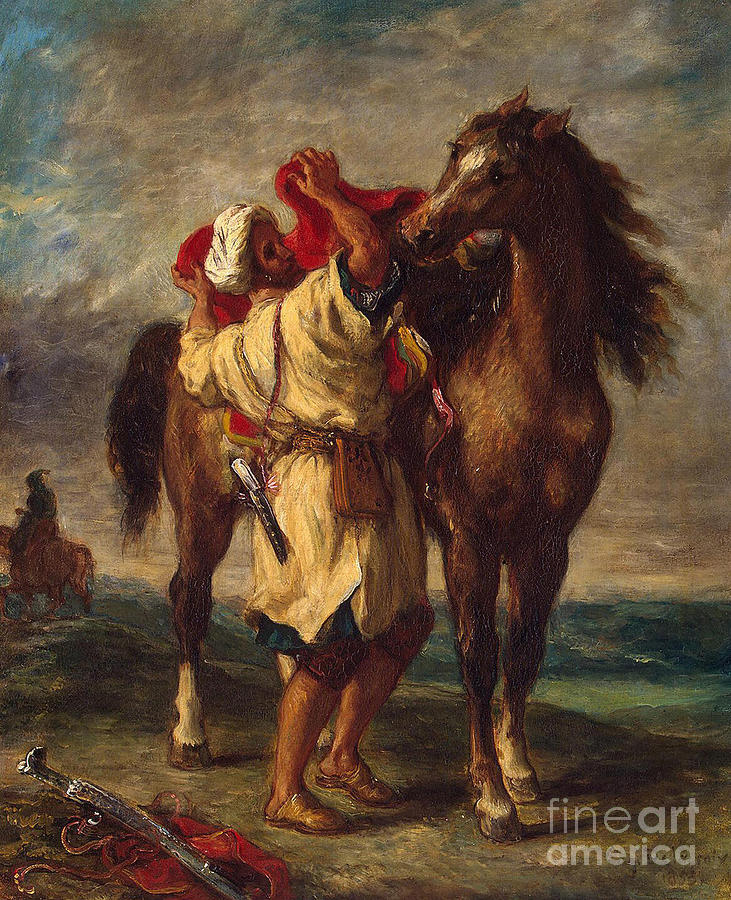 Arab saddling his horse, 1855  Painting by Eugene Delacroix