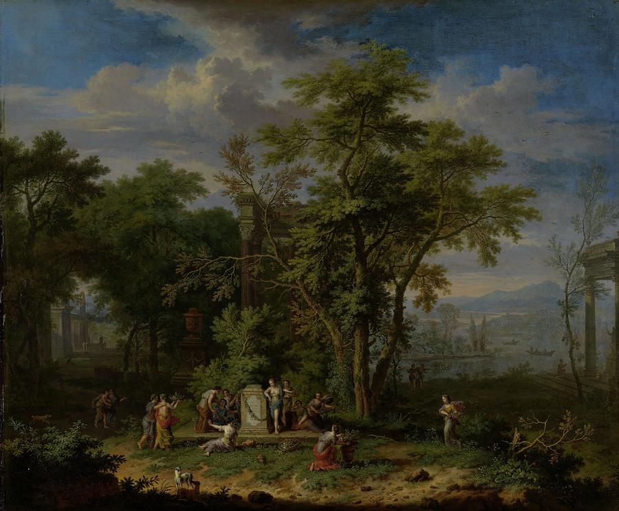 Arcadian Landscape with a Ceremonial Sacrifice. Arcadian Landscape with a Sacrificial Feast. Dati... Painting by Jan Van Huysum
