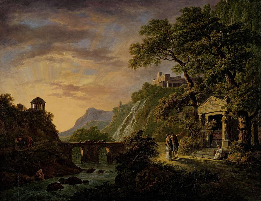 Arcadian landscape with setting sun. Painting by Daniel Dupre