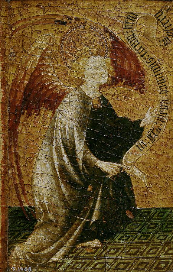 Archangel Gabriel, 1410-1420, Spanish School, Tempera on panel, 34 ... Painting by Maestro de Burgo de Osma -fl 1402-1452-