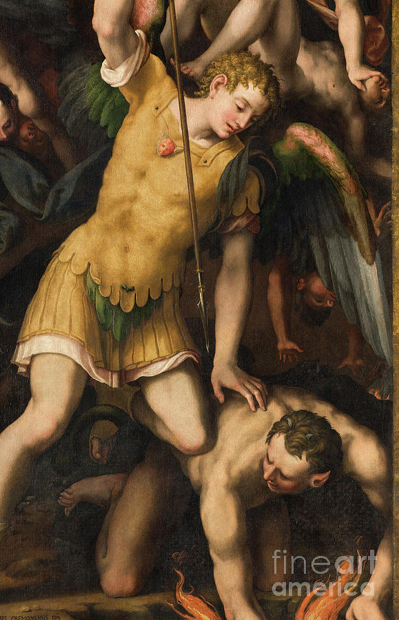 Archangel Michael Killing The Evil One, Giulio Campi 1566, Detail Painting by Giulio Campi