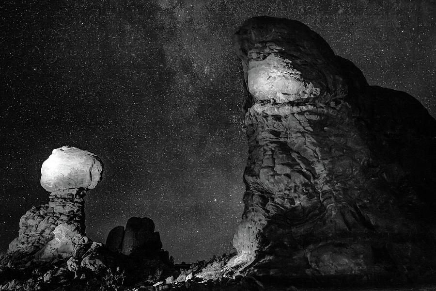 Arches National Park Photograph - Arches National Park Monoliths Under a Star Filled Night Sky - Monochrome by Gregory Ballos