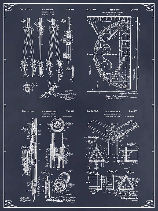 Architect Tools Set Blackboard Patent Print Drawing by Greg Edwards