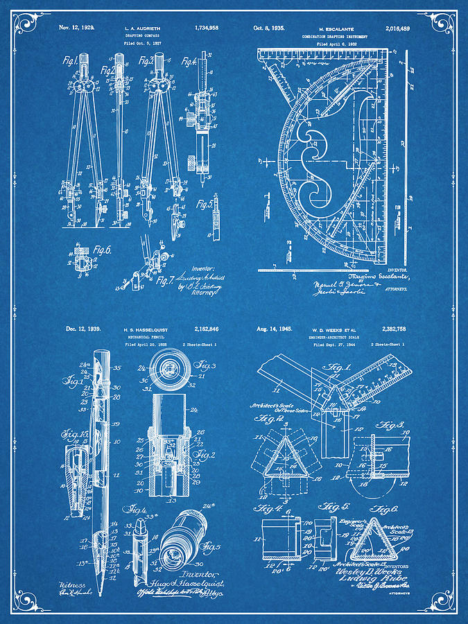 Architect Tools Set Blueprint Patent Print Drawing by Greg Edwards