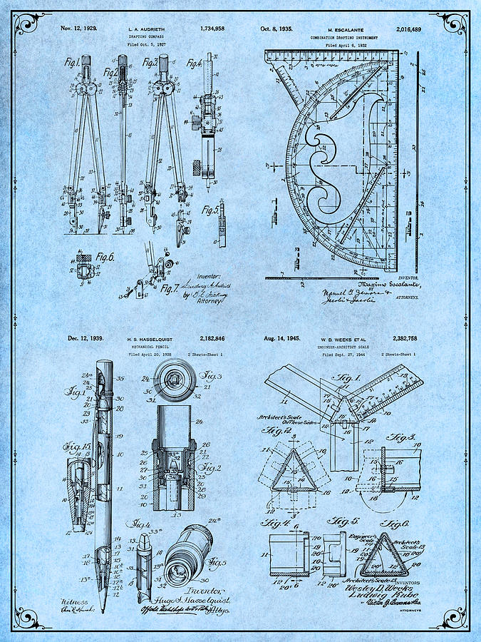 Architect Tools Set Light Blue Patent Print Drawing by Greg Edwards
