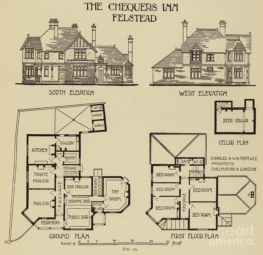 Architectural Drawing Of The Chequers Inn, Felsted, Essex Painting By 