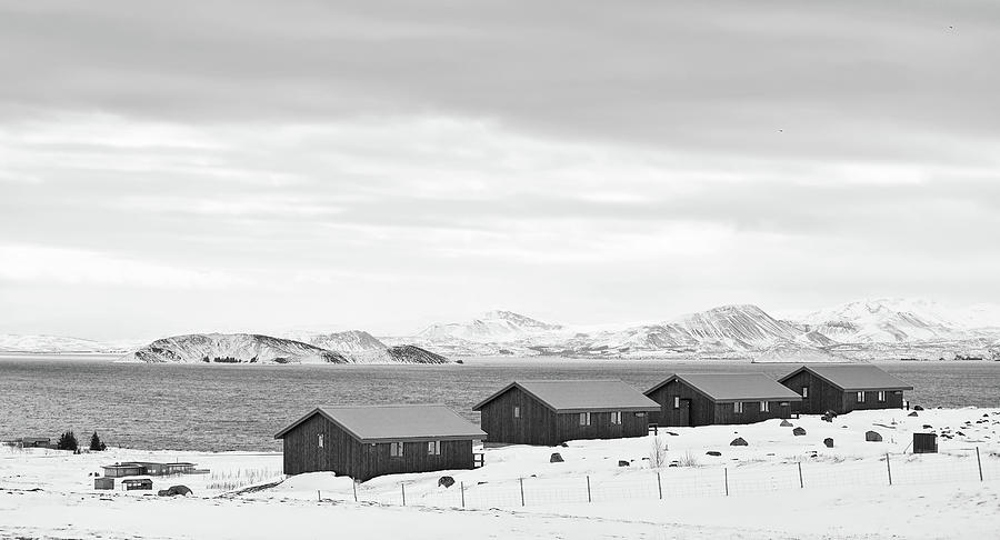 Arctic Cabins In Snow On The Water In Rural Iceland Black And