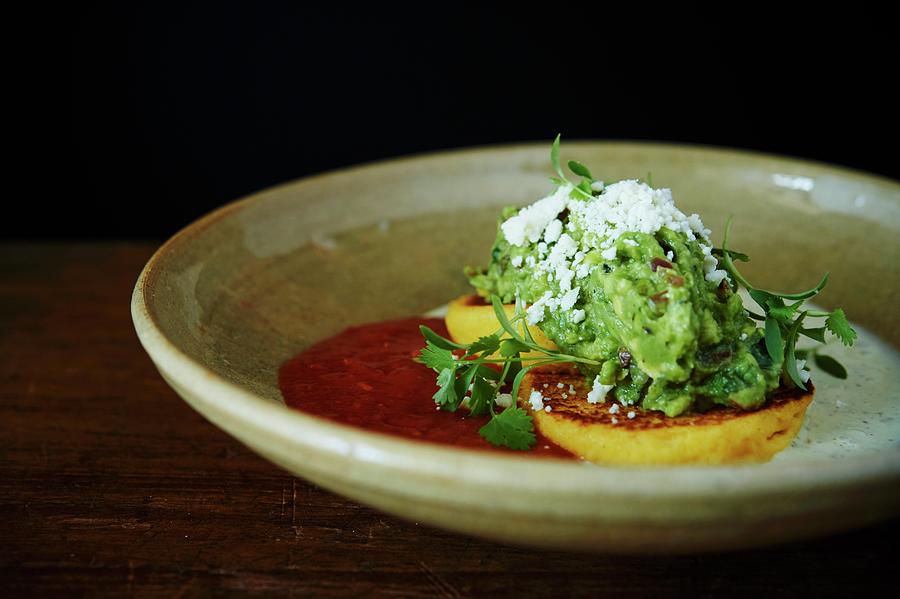 Arepas cornbread With Guacamole And Tomato Sauce latin America Photograph by Greg Rannells
