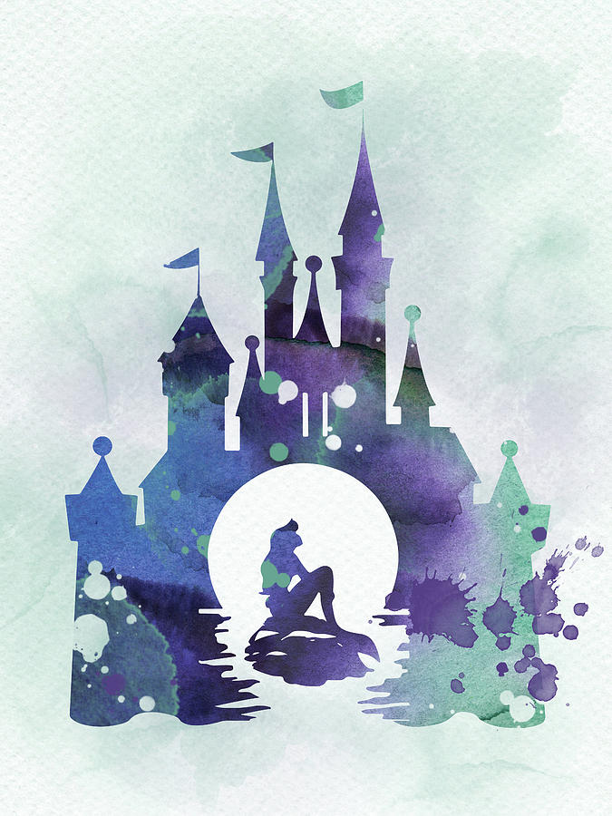 Ariel and Disney Castle watercolor Digital Art by Mihaela