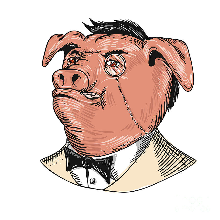 Aristocrat Pig Monocle Tuxedo Drawing Digital Art