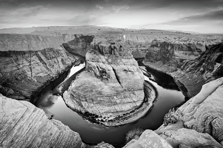 Black And White Photograph - Arizona Horseshoe Bend Morning in Monochrome by Gregory Ballos