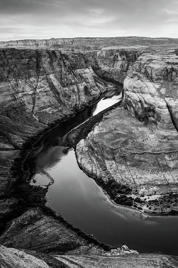 Black And White Photograph - Arizonas Horseshoe Bend River Landscape in Black and White by Gregory Ballos