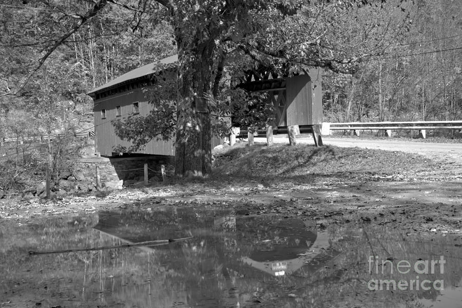 Arlington Green Covered Bridge Reflections Black And White Photograph by Adam Jewell