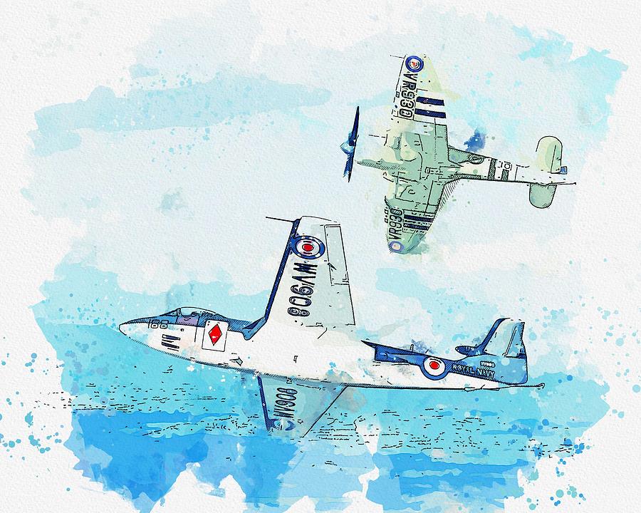 Armstrong Whitworth Sea Hawk FGA.6 WV908 and Hawker Sea Fury FB11 VR930 watercolor by Ahmet Asar Painting by Celestial Images