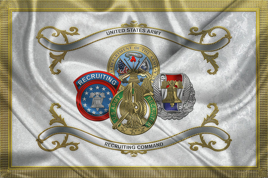 Army Recruiting Command -  U S A R E C  Insignia with Recruiter Identification Badge over Flag Digital Art by Serge Averbukh