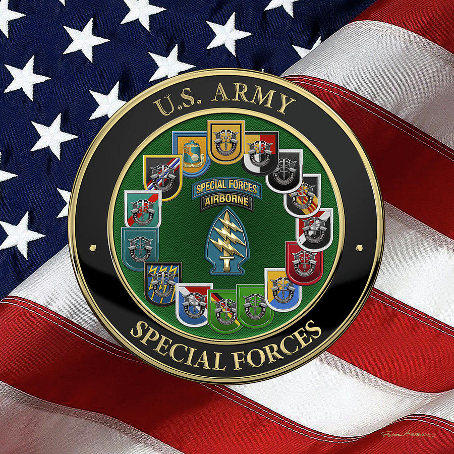 Army Special Forces  -  S F  Patch with  S F  Groups Flashes over American Flag Digital Art by Serge Averbukh