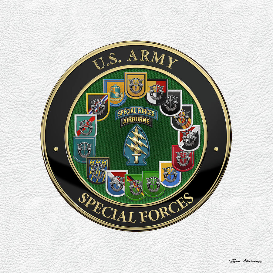 Army Special Forces  -  S F  Patch with  S F  Groups Flashes over White Leather Digital Art by Serge Averbukh