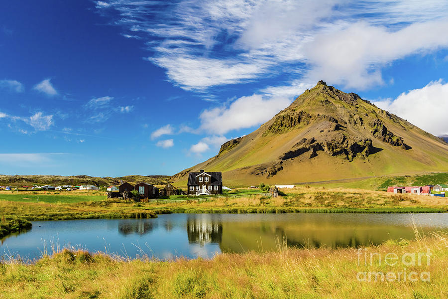 Arnarstapi Amtmansshus and Mount Stapafell, Iceland Photograph by Lyl Dil Creations