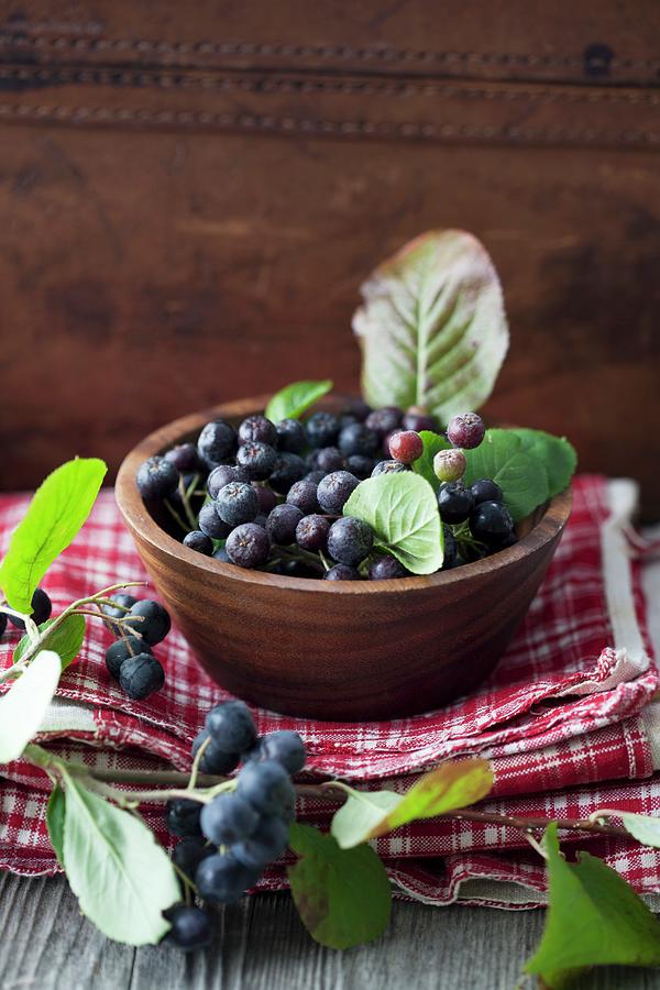 Aronia Berries In A Wooden Bowl Photograph by Martina Schindler