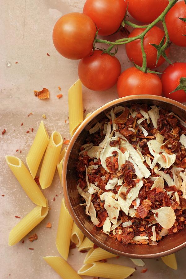 Arrabiata Spice Mixture, Penna And Fresh Tomatoes seen From Above Photograph by Petr Gross
