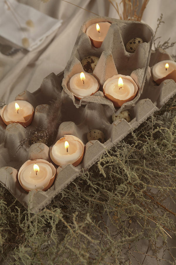 Arrangement Of Candles In Egg Shells In Egg Box Photograph by Great Stock!