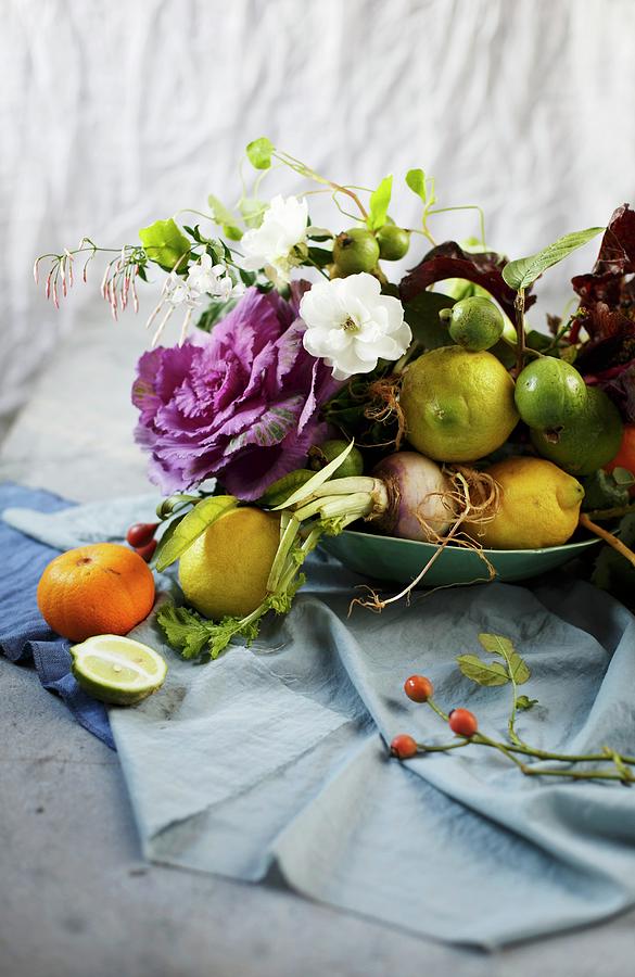 Arrangement Of Flowers, Branches, Fruit And Vegetables Photograph by Great Stock!