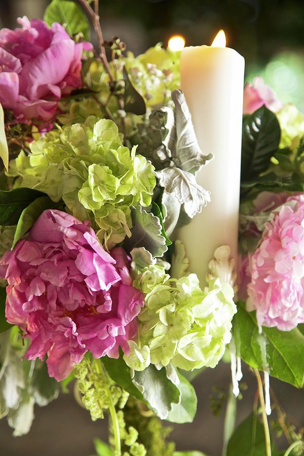 Arrangement Of Hydrangeas And Candle Photograph by Andre Baranowski