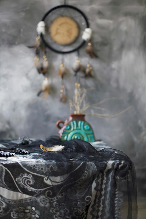 Arrangement Of Mystical, Ethnic Accessories In Grey And Black Photograph by Alicja Koll