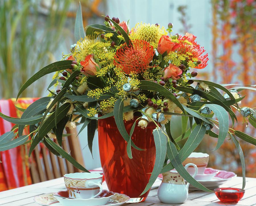 Arrangement Of Protea Flowers, Eucalyptus, Roses & Dill Photograph by Friedrich Strauss