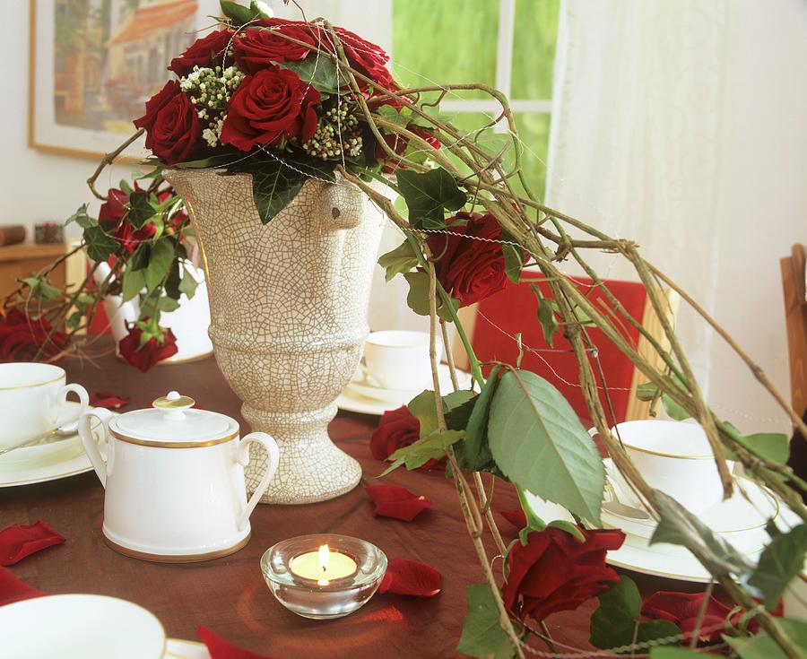 Arrangement Of Roses And Viburnum As Table Decoration Photograph by Friedrich Strauss