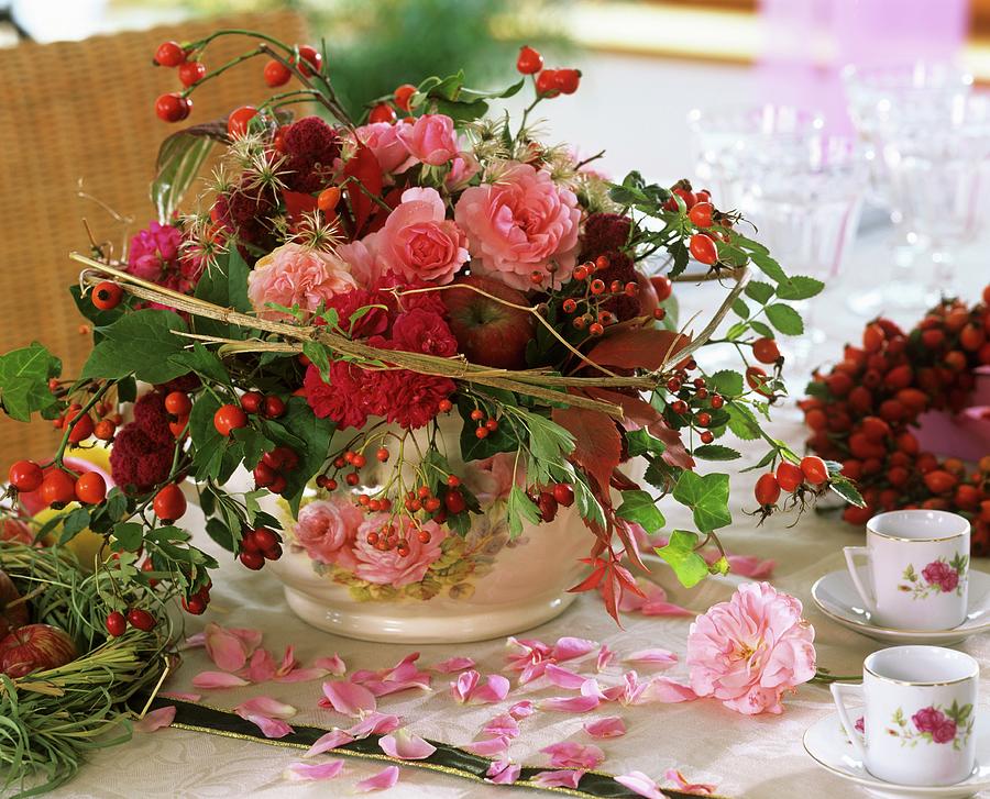 Arrangement Of Roses, Rose Hips, Clematis And Amaranthus Photograph by Friedrich Strauss