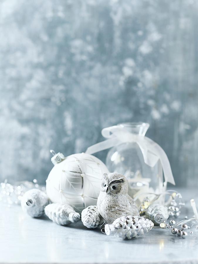 Arrangement Of Silver And White Christmas Decorations Photograph by B.&.e.dudzinski