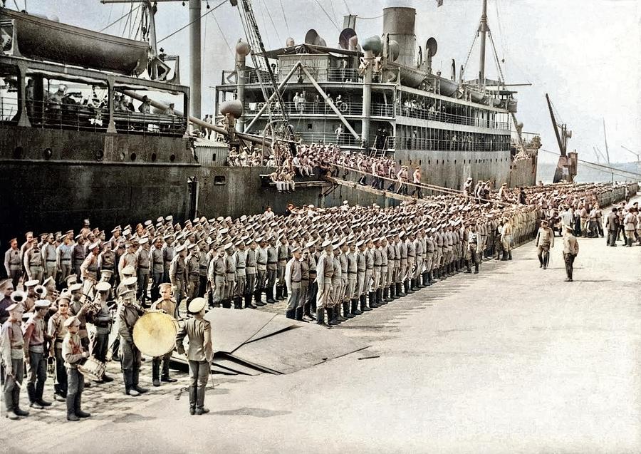 Vintage Painting - Arrival in Marseille of a new Russian contingent. The men line up on the dock, World War I colorized by Celestial Images