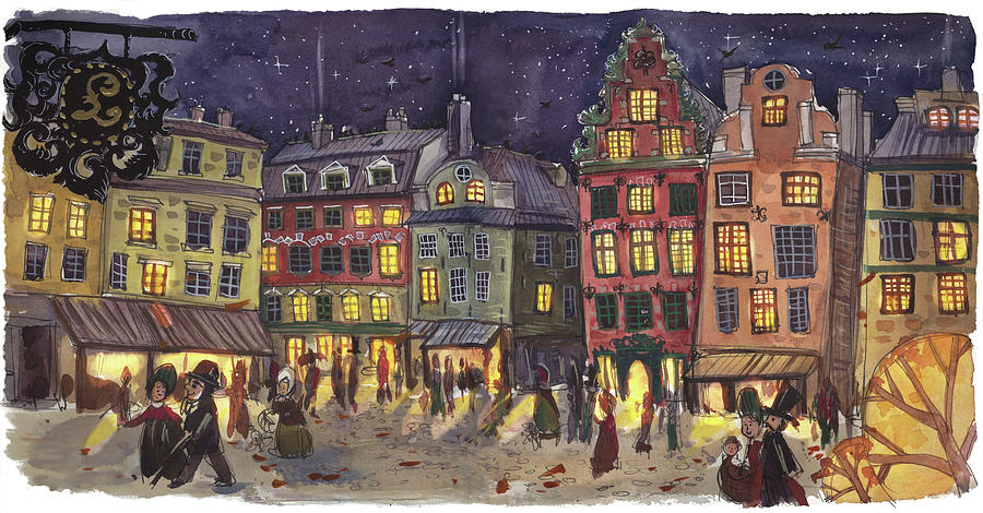 Art Prints Autumn Town Houses Watercolor Childrens Wall Decor