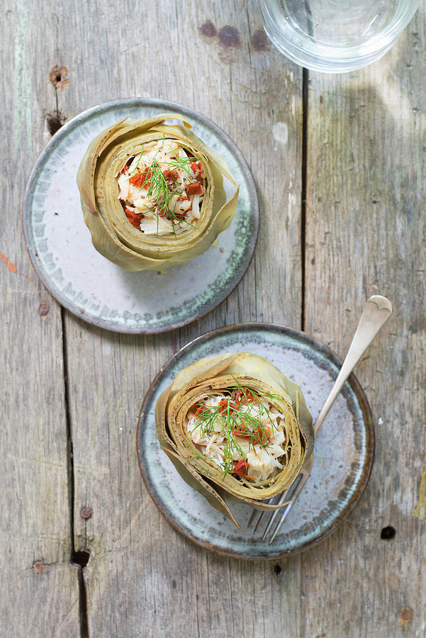 Artichokes Stuffed With Crab Meat,confit Tomatoes And Dill Photograph by Carnet