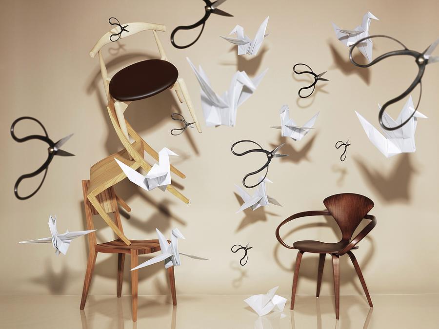 Artistic Room Design With Chairs, Scissors And Folder Paper Figures Photograph by Armin Zogbaum